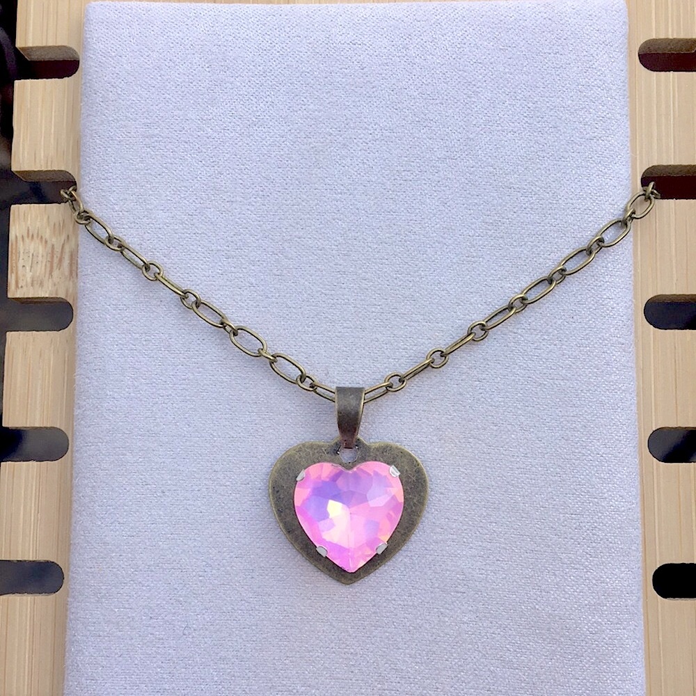 Pink Opal Aurora Borealis Crystal Heart Pendant Necklace - Picture 7 of 16